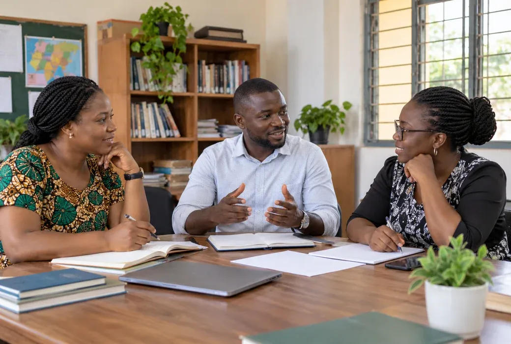 Educators planning lessons together in a Nigerian school staffroom.