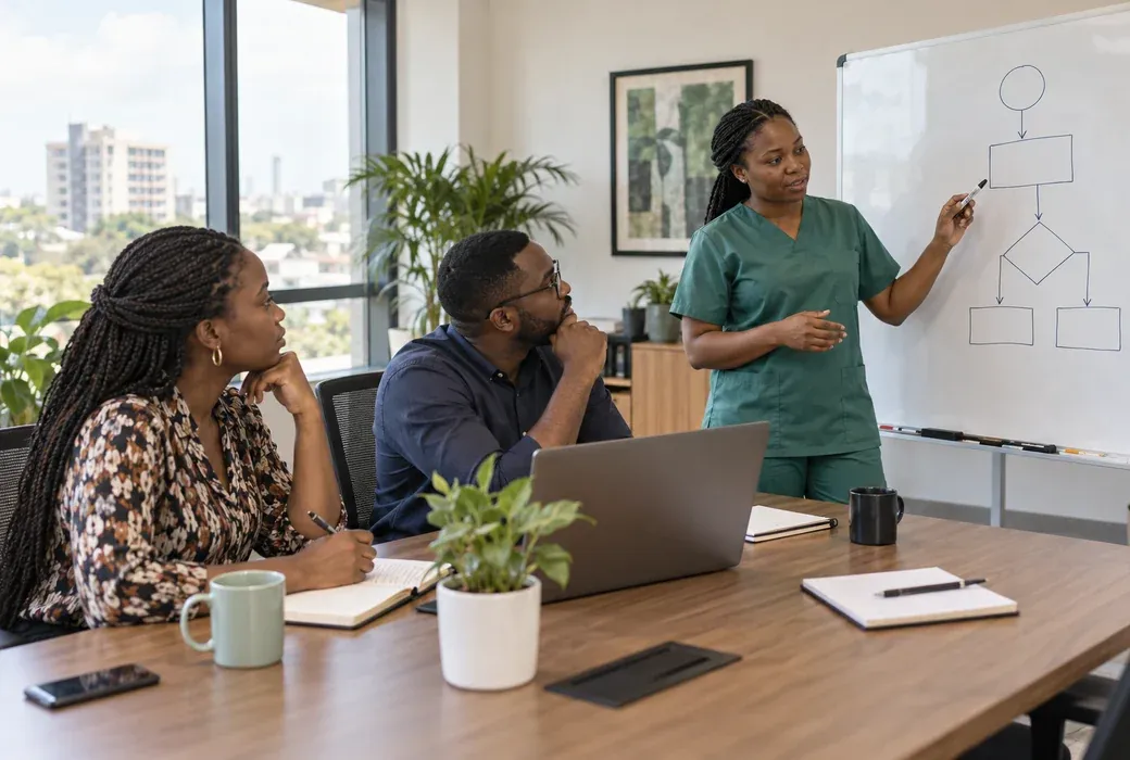 Software engineers and a healthcare professional planning a workflow in Nigeria.