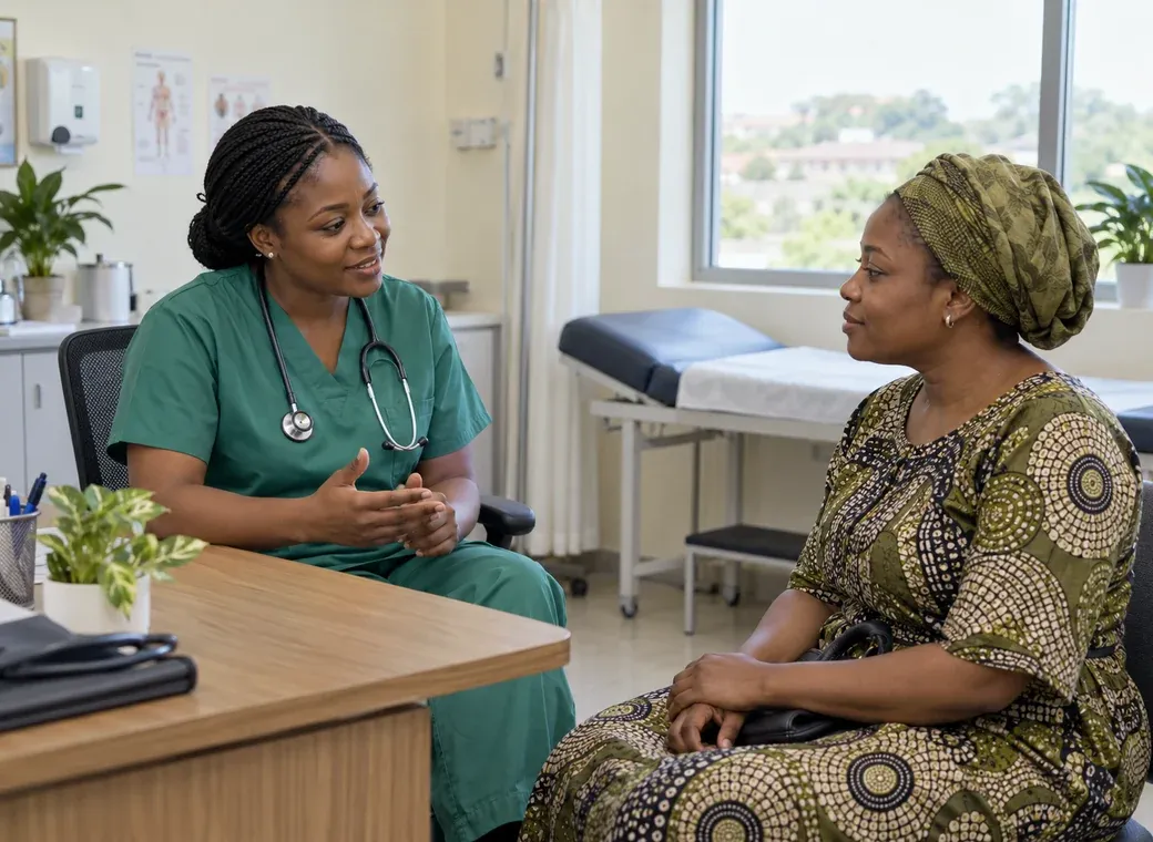 A nurse speaking with an adult patient in a bright Nigerian clinic.