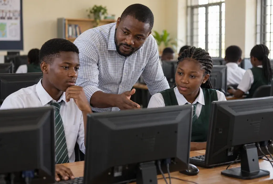 A teacher helping students at computers in a Nigerian school.