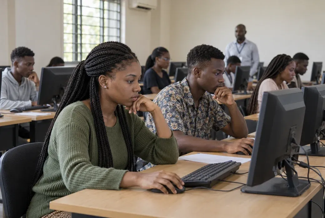 Students taking a computer-based examination in a Nigerian examination room.